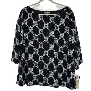 NEW Notations Lace Top Black White Abstract Floral 3/4 Sleeves Lined Size 2X